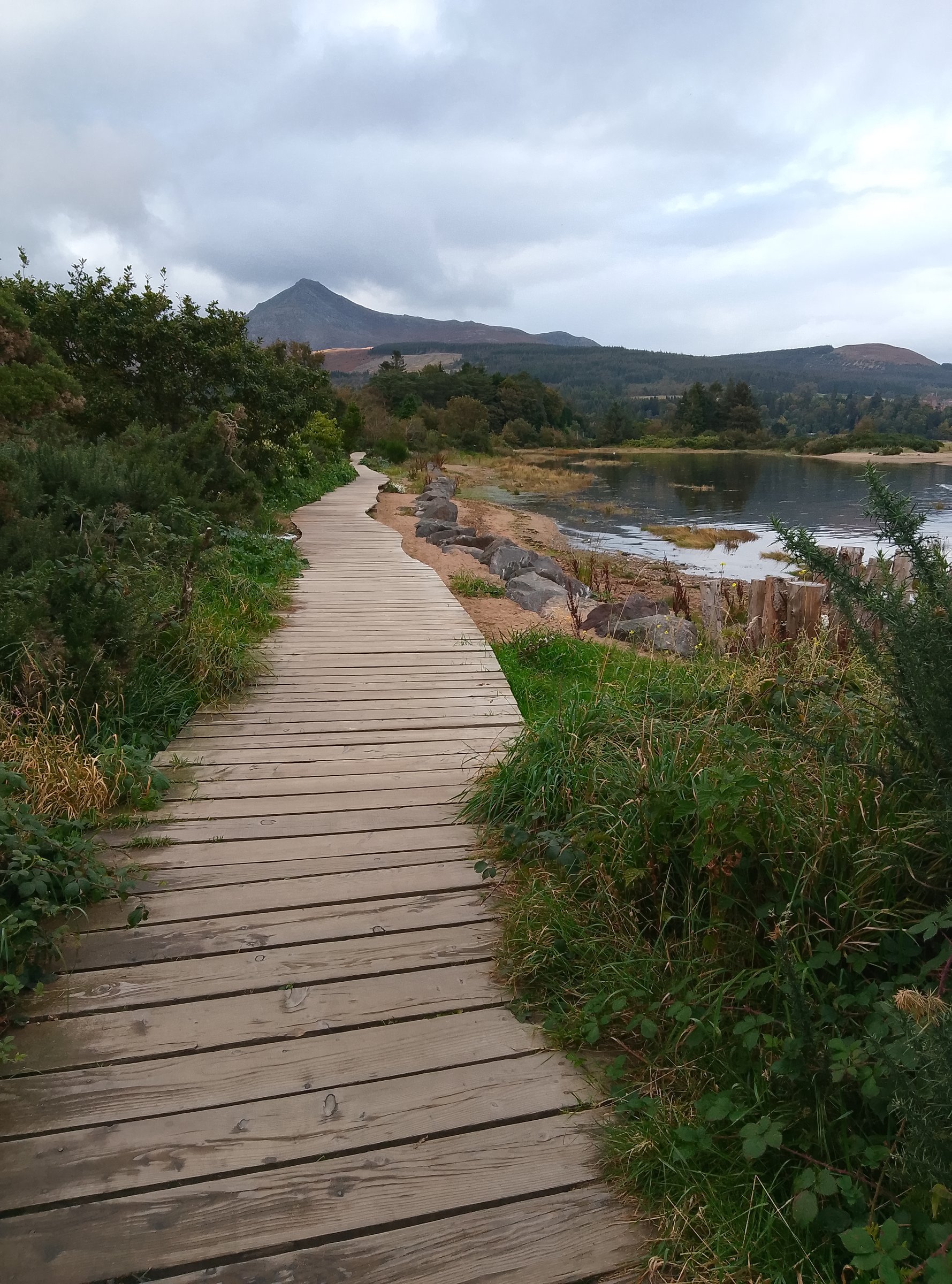 A wooden path winding beside the water towards the mountains on Arran
